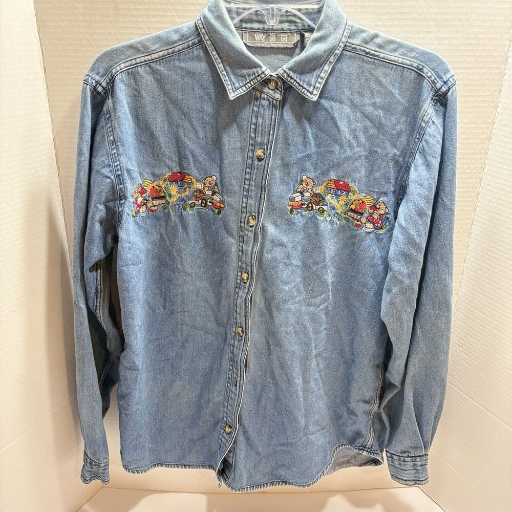 Vintage Way To Go Blue Denim Button Down Women’s S Embroidered Shirt Cottagecore